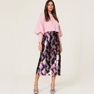 RIXO Kelly Diamond Sequin Skirt M Medium Harlequin A-Line Purple Pink Black Midi